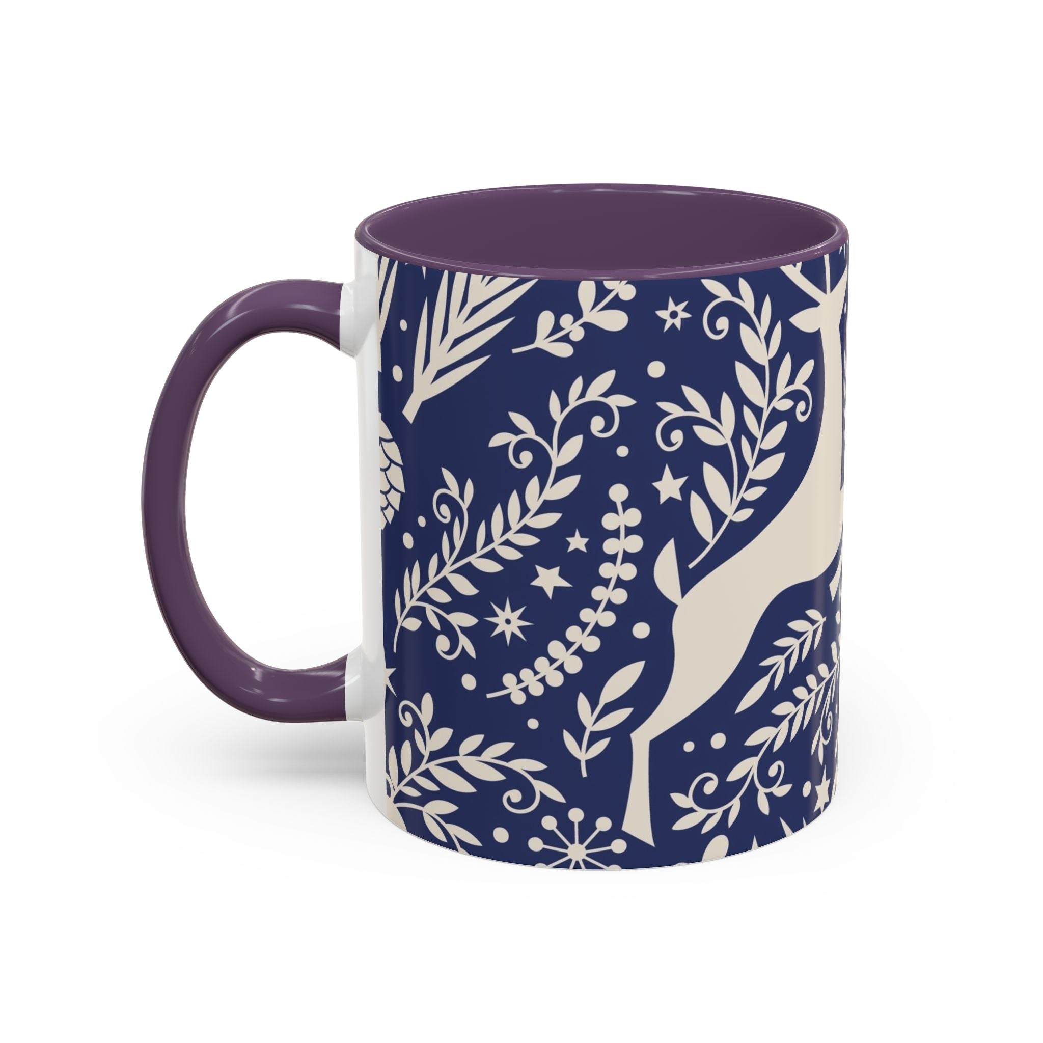 Nordic Reindeer Pattern Accent Coffee Mug — Blue Holiday Tea Cup (11/15oz)