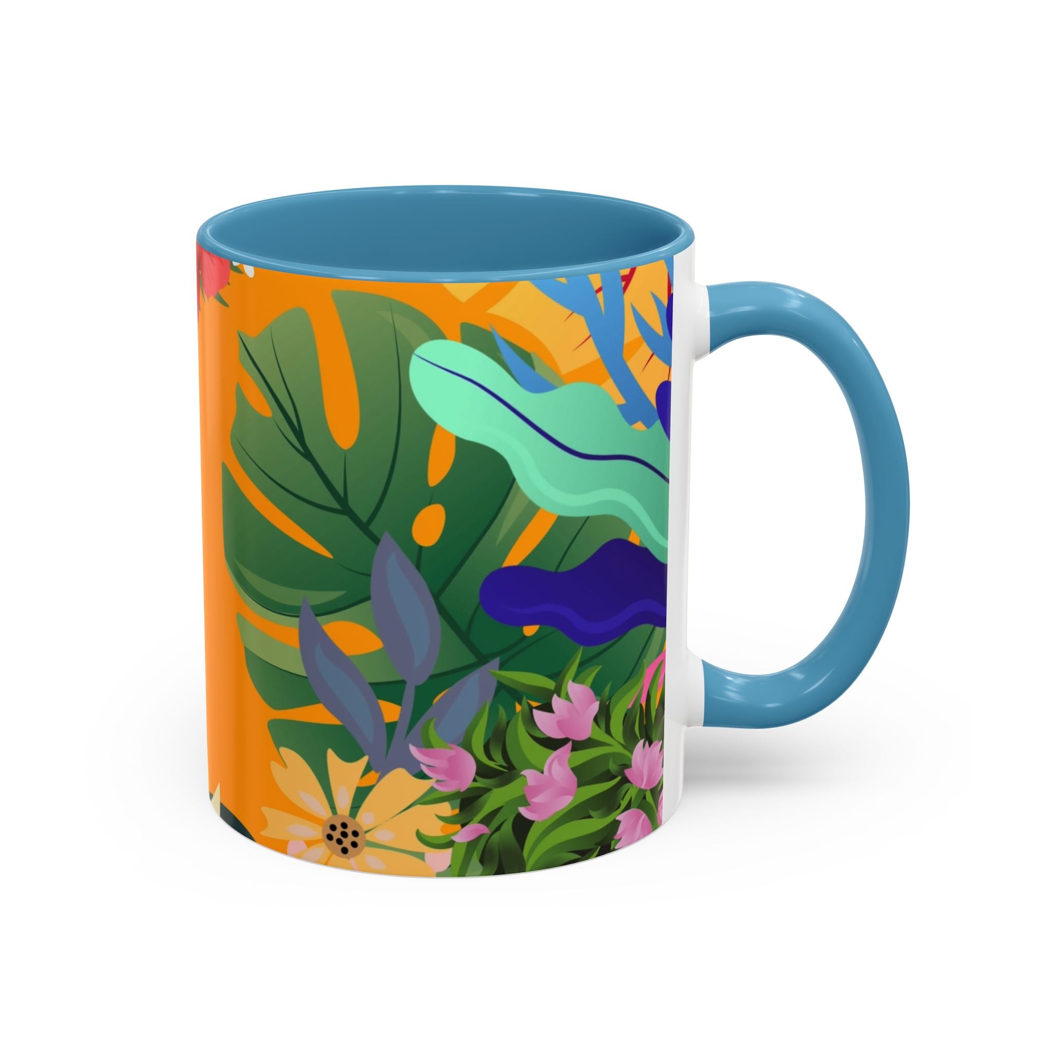 Tropical Floral Accent Coffee Mug — Bright Orange Botanical Design (11/15 oz)