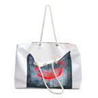Red Lip Print Denim Pocket Weekender Bag | Floral Accent Weekend Tote