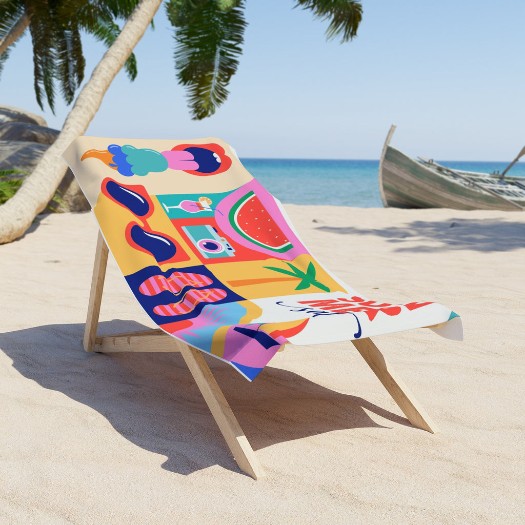Summer Sale Beach Towel — Colorful Retro Summer Icons (sunglasses, flip‑flops, watermelon)