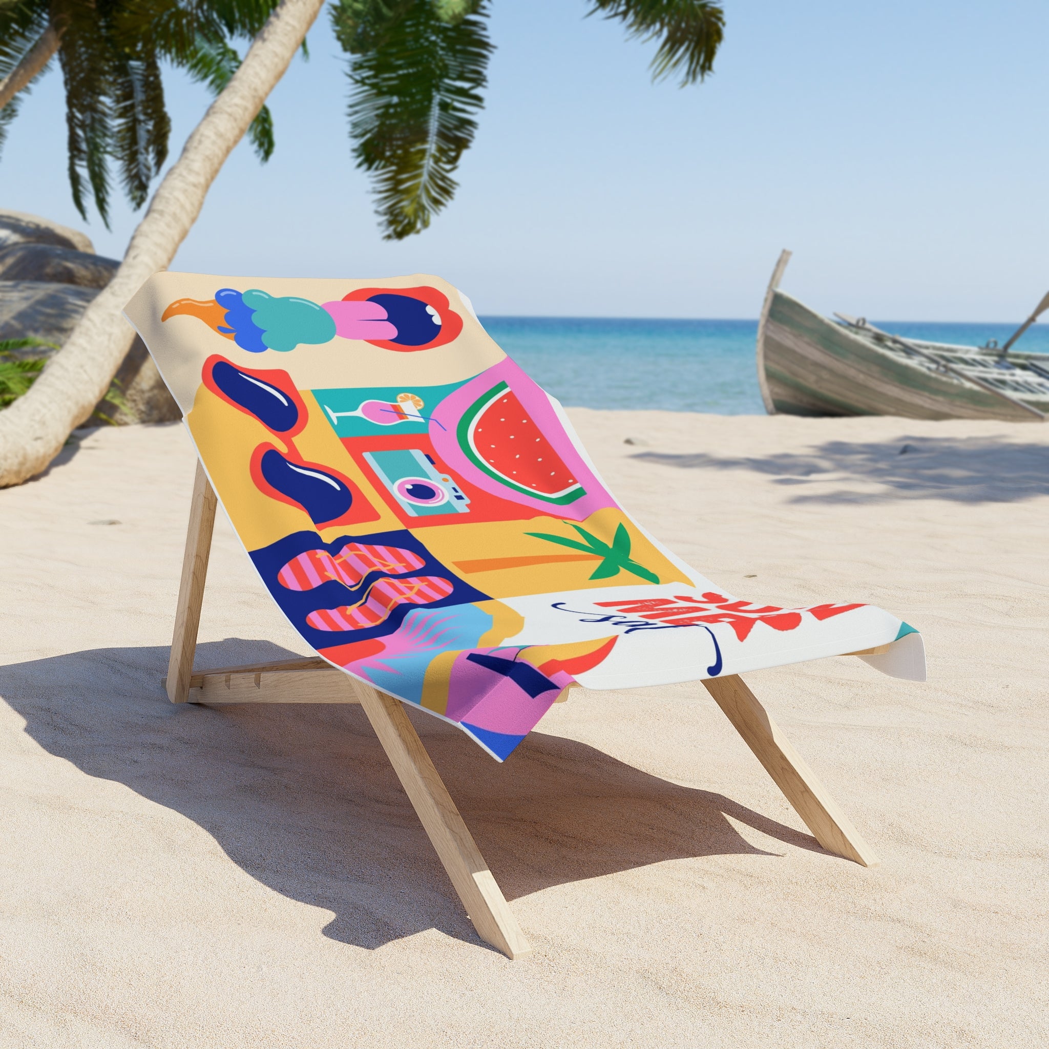 Summer Sale Beach Towel — Colorful Retro Summer Icons (sunglasses, flip‑flops, watermelon)