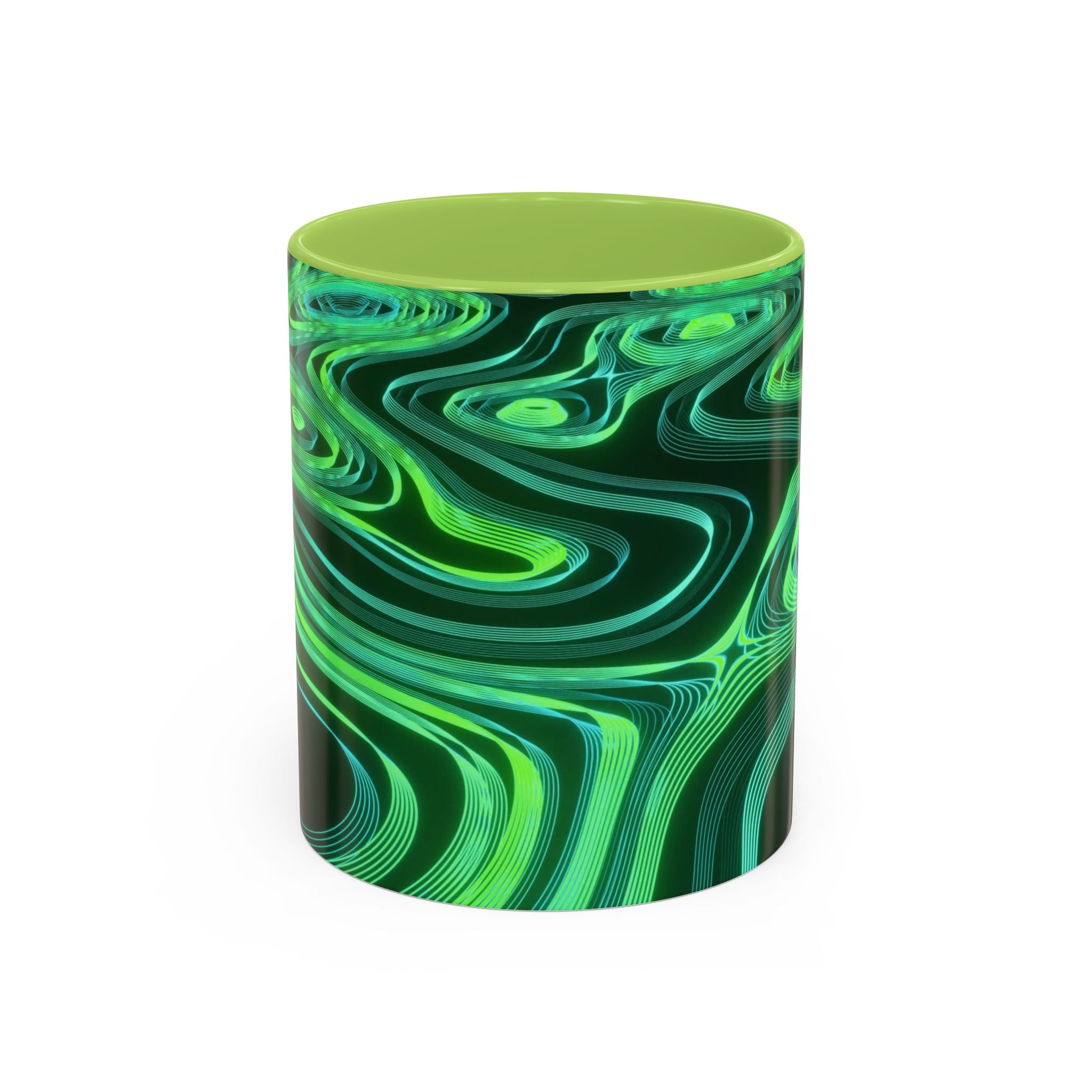 Green Swirl Accent Coffee Mug — Psychedelic Abstract Ceramic