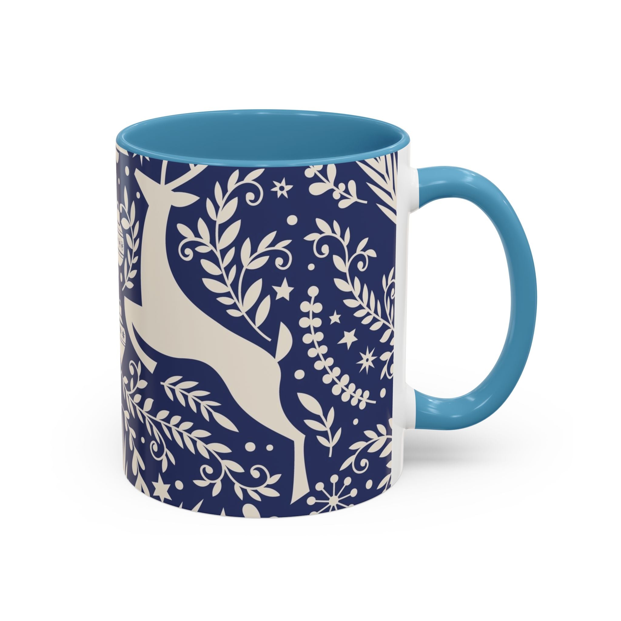 Nordic Reindeer Pattern Accent Coffee Mug — Blue Holiday Tea Cup (11/15oz)