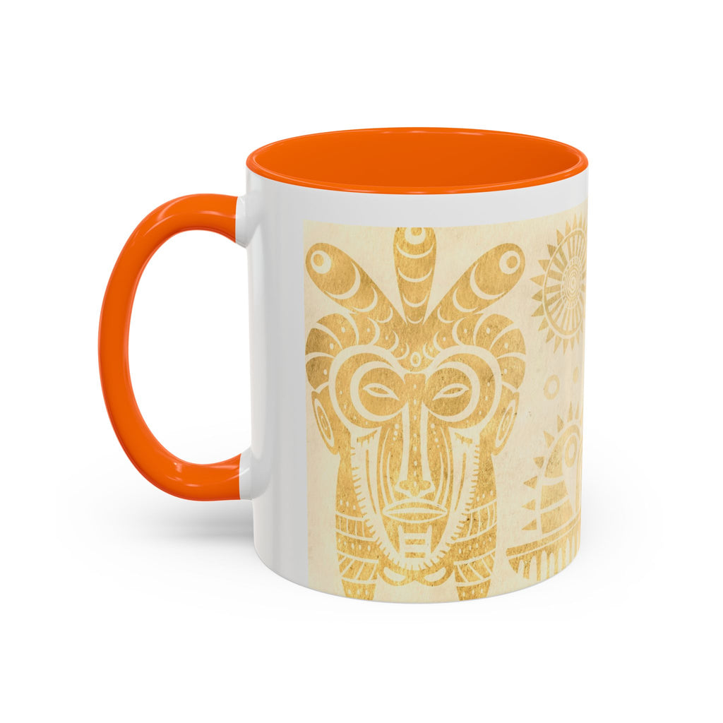 Golden Folk Art Coffee Mug — Animal Mask Pattern Accent Mug (11/15oz)