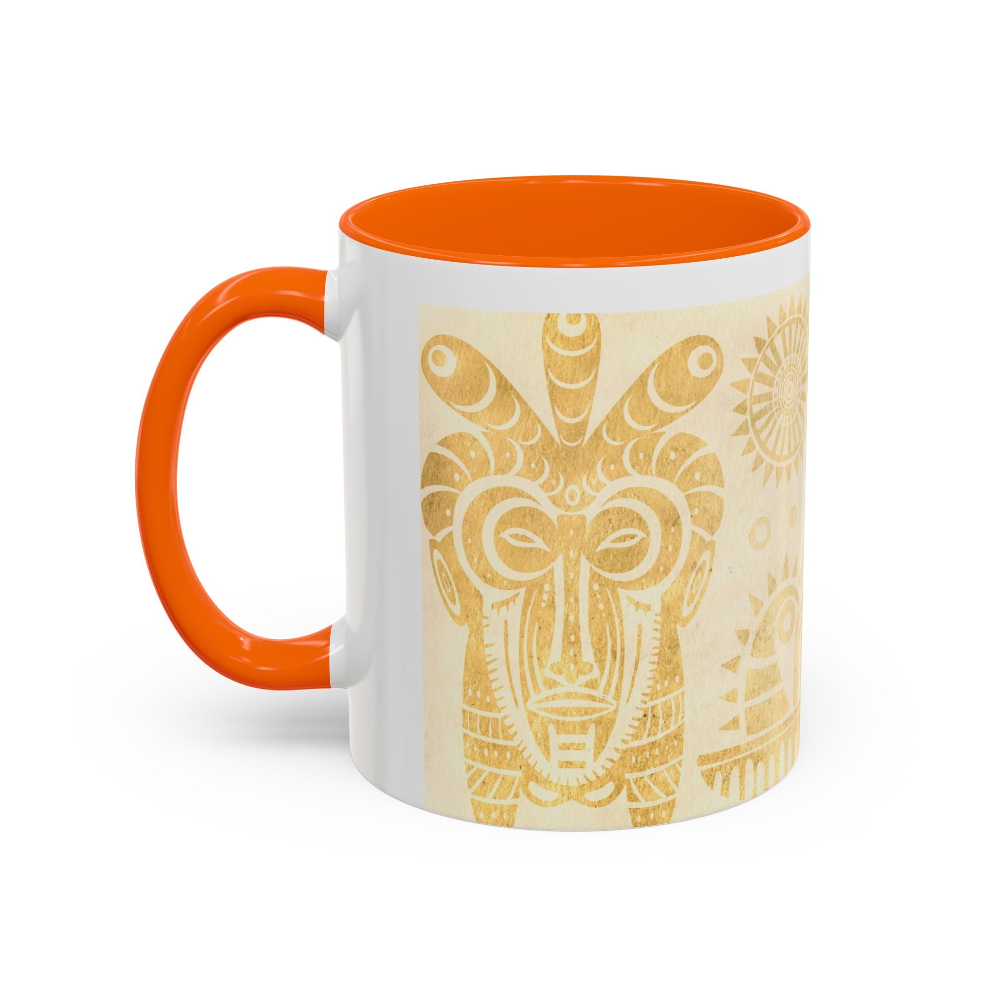 Golden Folk Art Coffee Mug — Animal Mask Pattern Accent Mug (11/15oz)