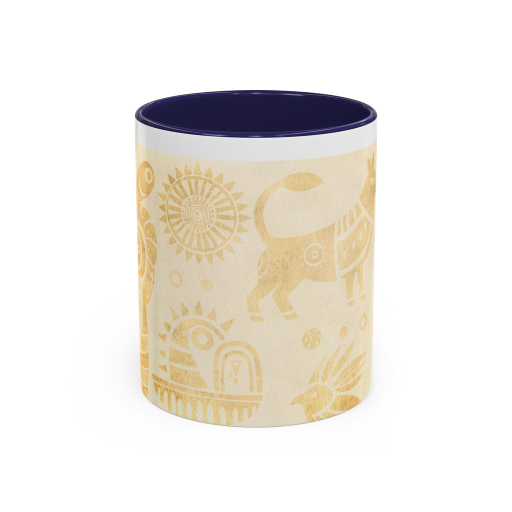 Golden Folk Art Coffee Mug — Animal Mask Pattern Accent Mug (11/15oz)