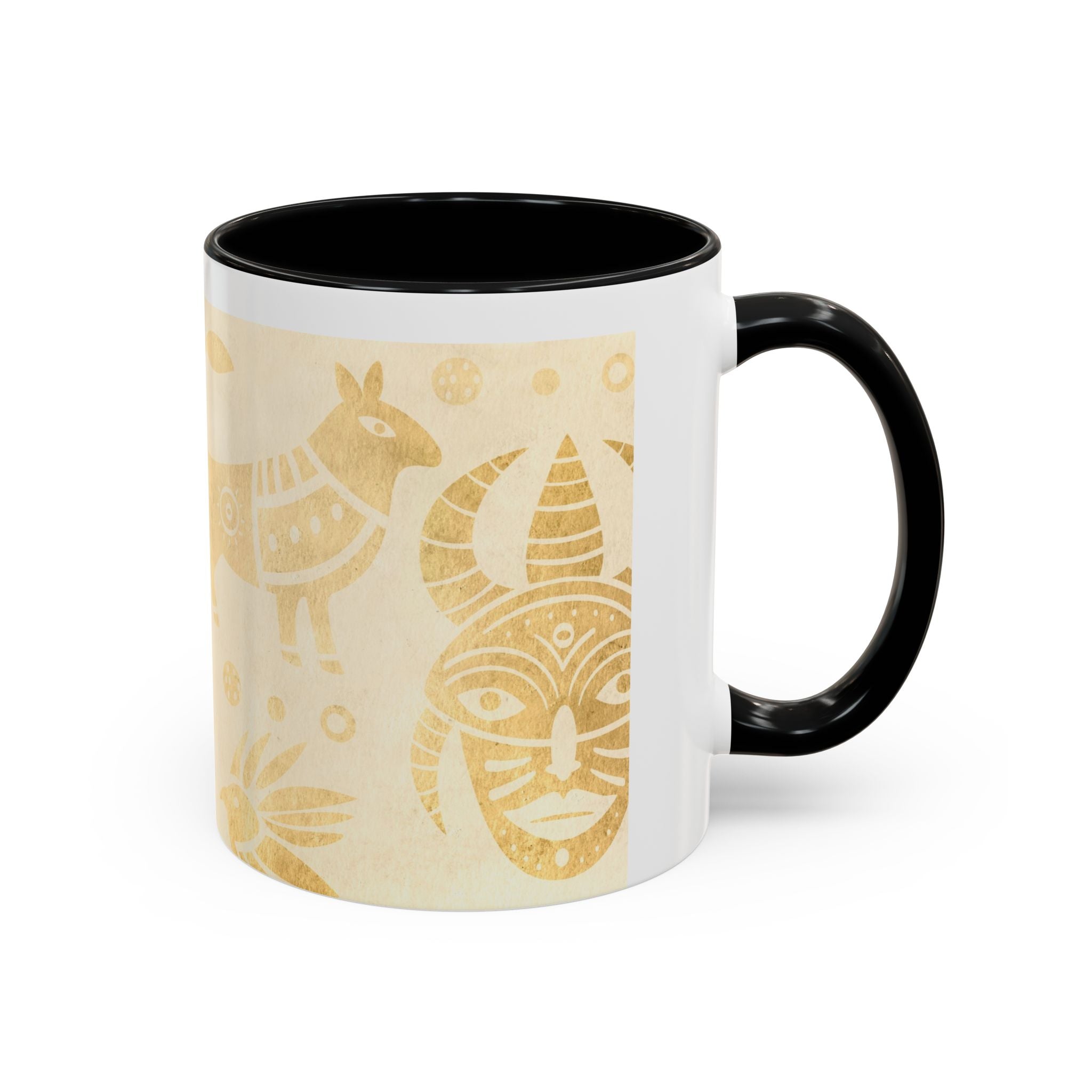 Golden Folk Art Coffee Mug — Animal Mask Pattern Accent Mug (11/15oz)
