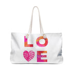 Tropical Love Typography Weekender Bag | Pink Palm Heart Travel Tote