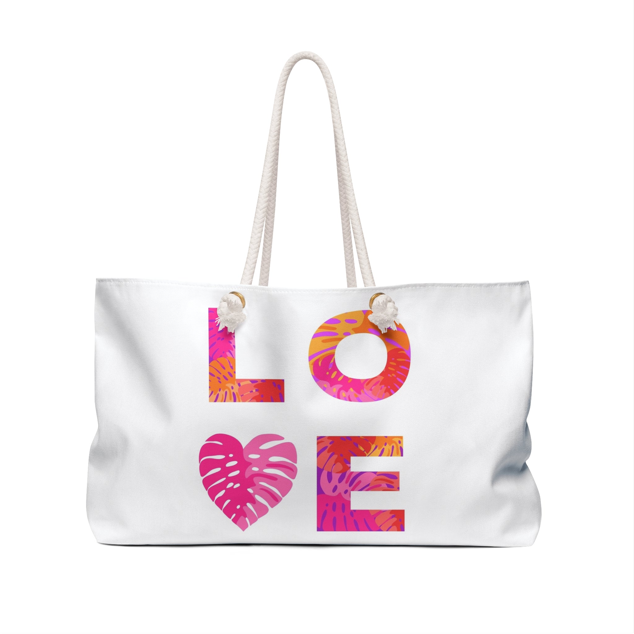 Tropical Love Typography Weekender Bag | Pink Palm Heart Travel Tote