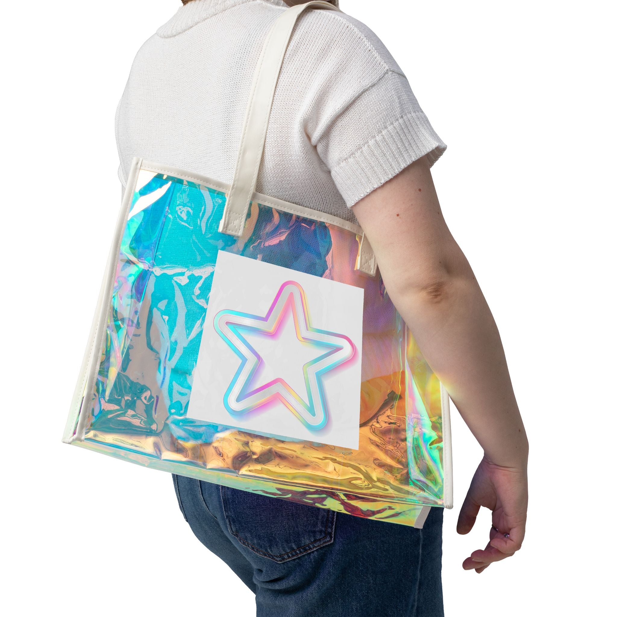 Holographic Star Beach Tote Bag — Iridescent Clear Pool & Summer Carryall