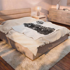 Cityscape Velveteen Plush Blanket - Vintage Skyline Illustration with 'Soups' Emblem