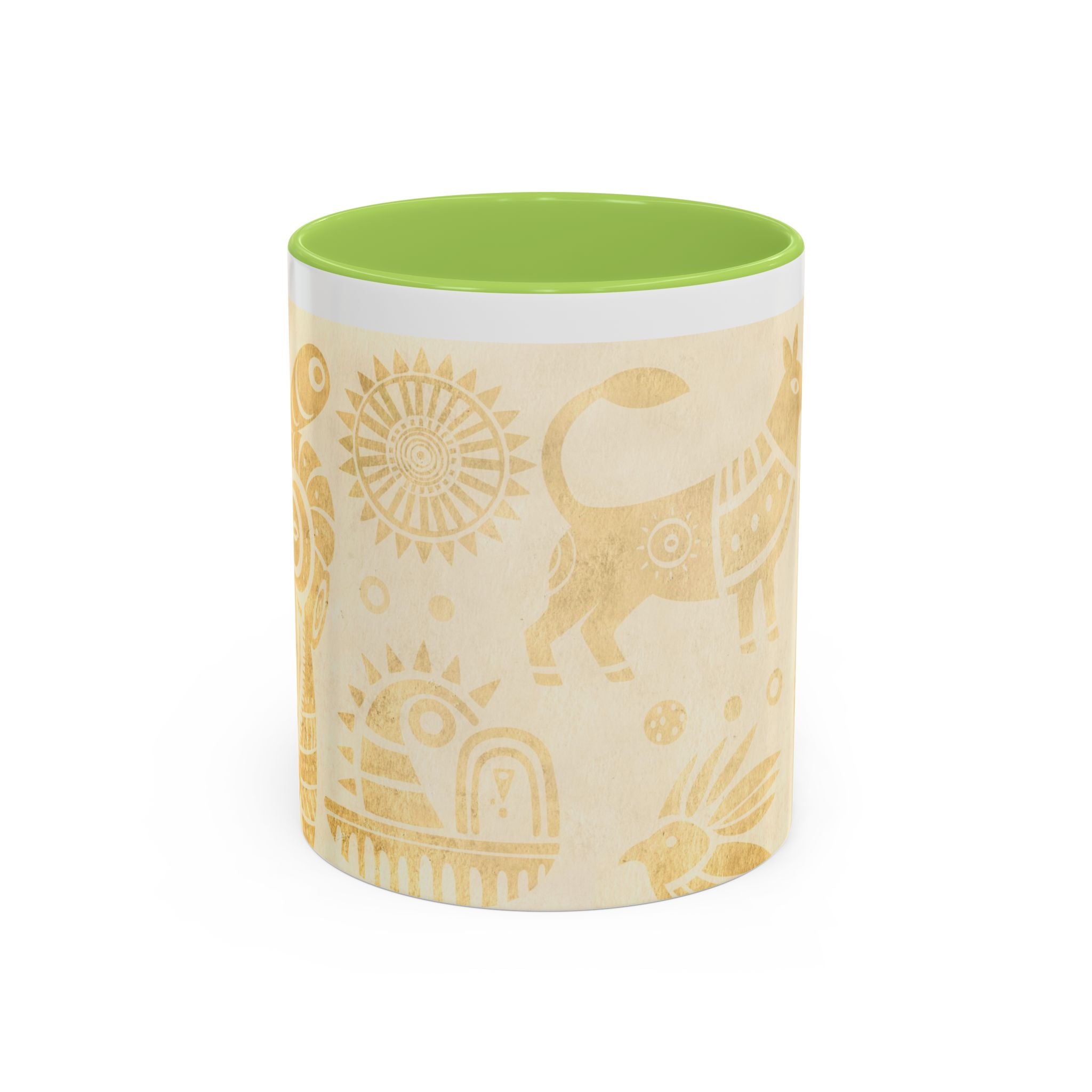 Golden Folk Art Coffee Mug — Animal Mask Pattern Accent Mug (11/15oz)