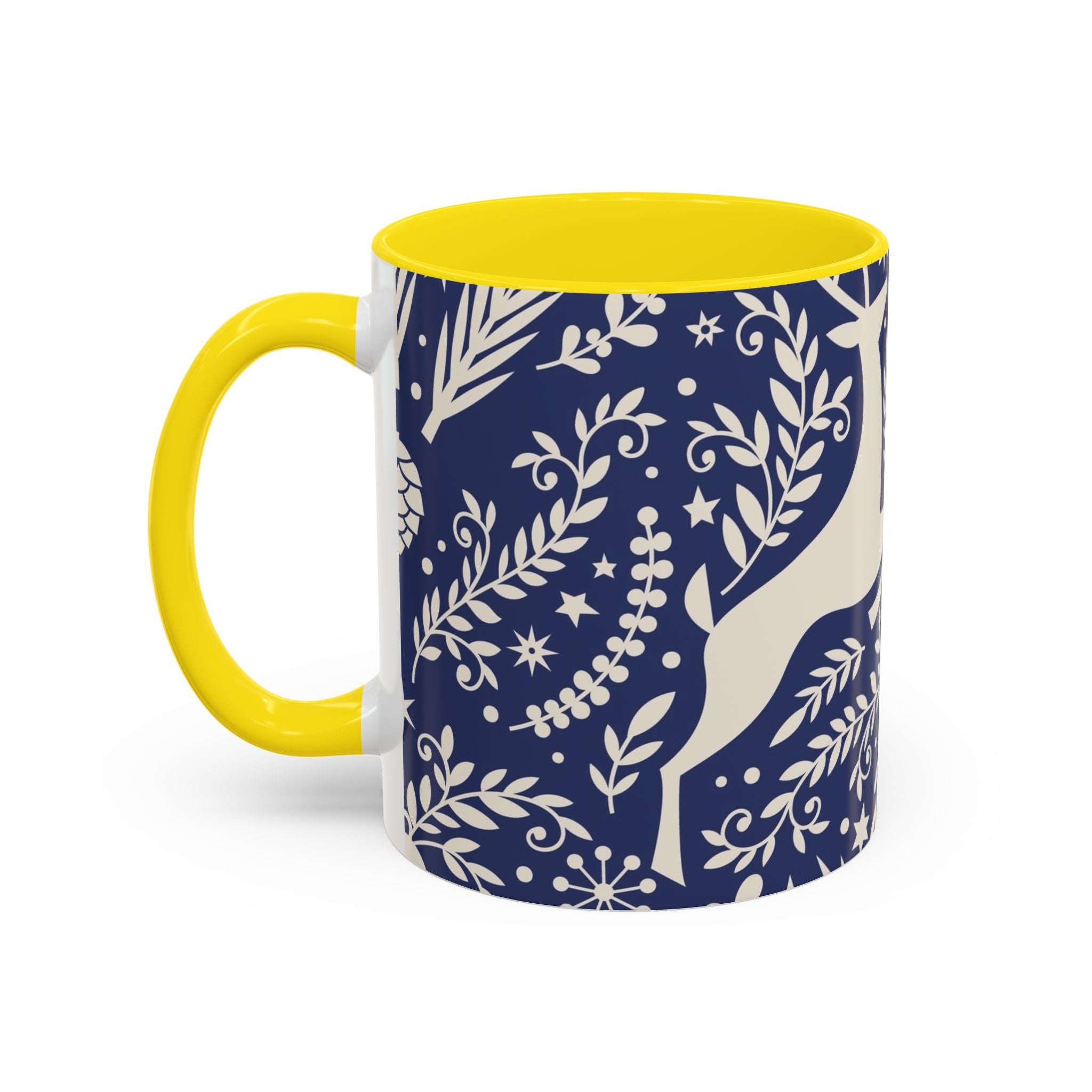 Nordic Reindeer Pattern Accent Coffee Mug — Blue Holiday Tea Cup (11/15oz)