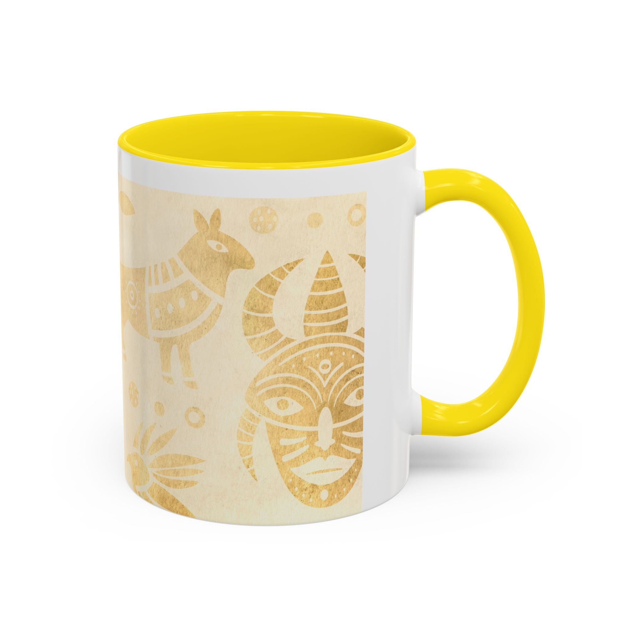 Golden Folk Art Coffee Mug — Animal Mask Pattern Accent Mug (11/15oz)
