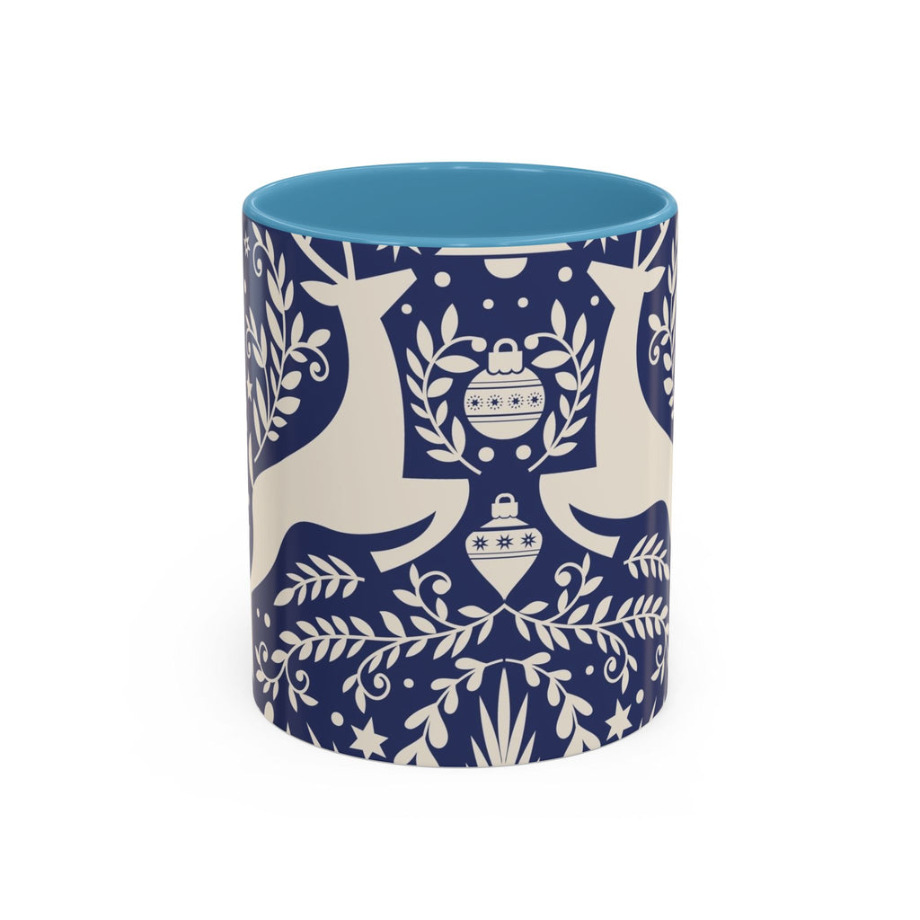 Nordic Reindeer Pattern Accent Coffee Mug — Blue Holiday Tea Cup (11/15oz)