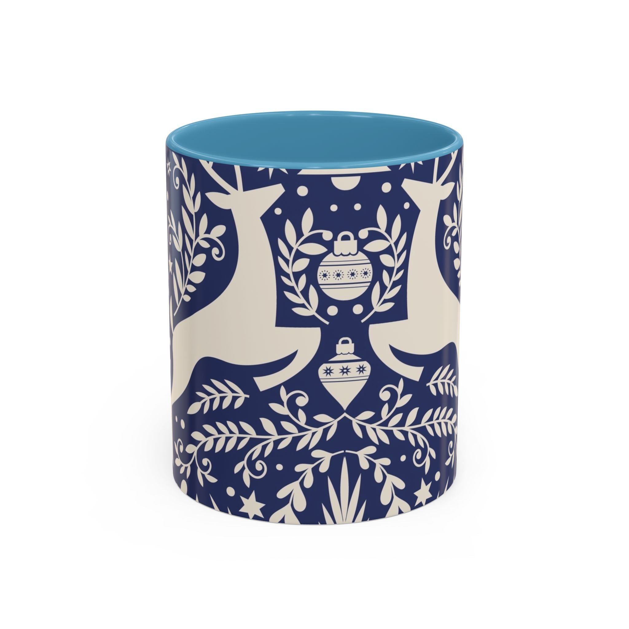 Nordic Reindeer Pattern Accent Coffee Mug — Blue Holiday Tea Cup (11/15oz)