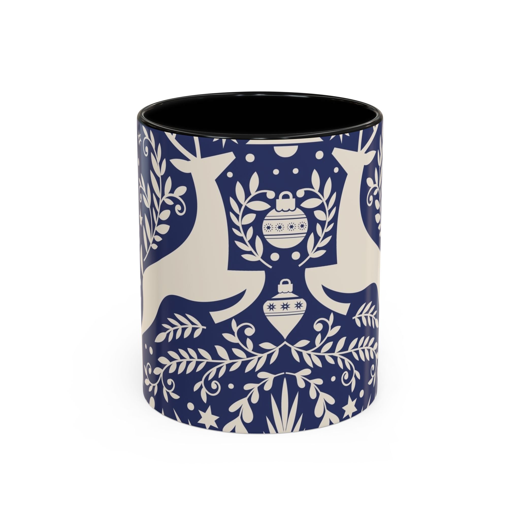 Nordic Reindeer Pattern Accent Coffee Mug — Blue Holiday Tea Cup (11/15oz)