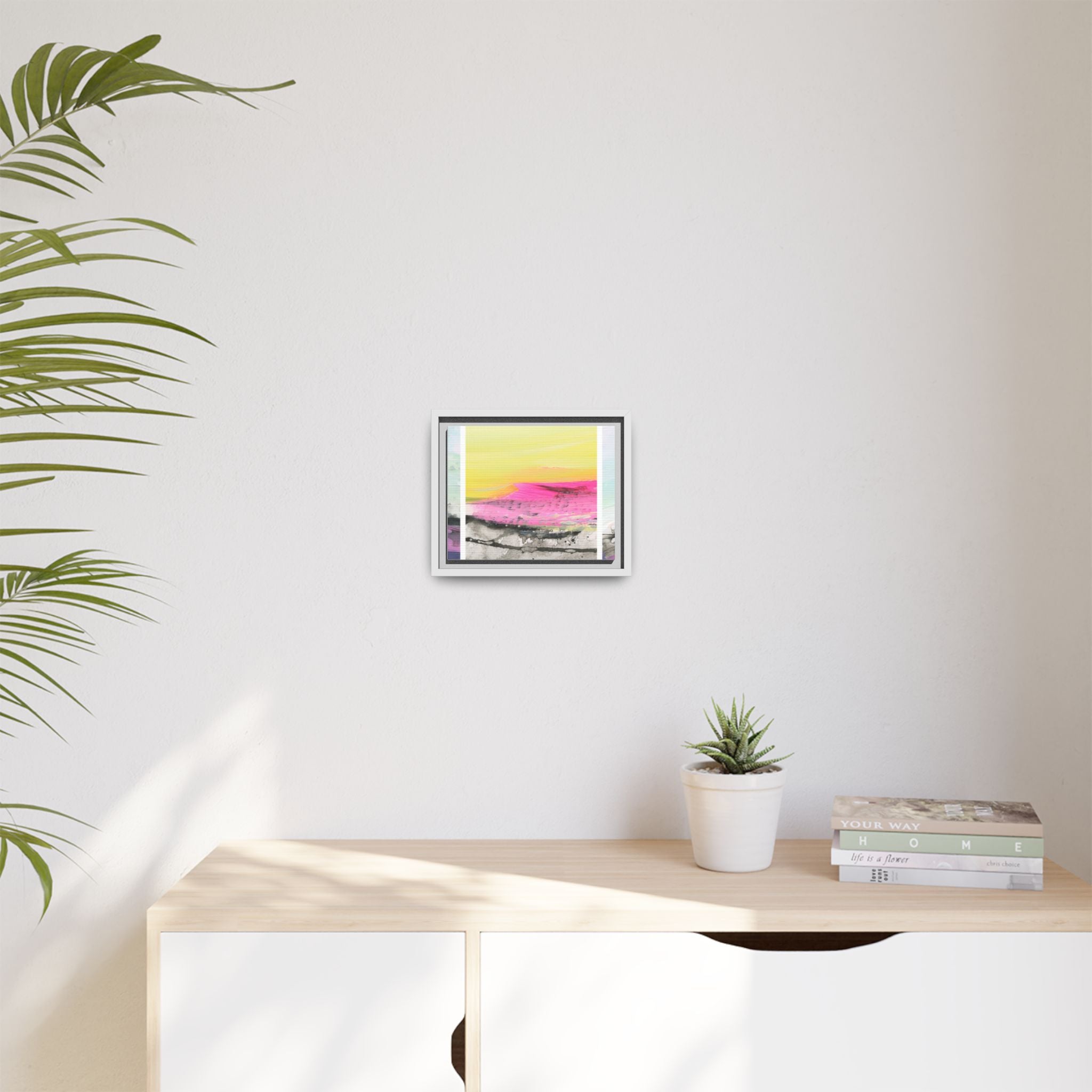Abstract Sunrise Landscape Matte Canvas Framed Wall Art — Pink & Yellow Modern Home Decor