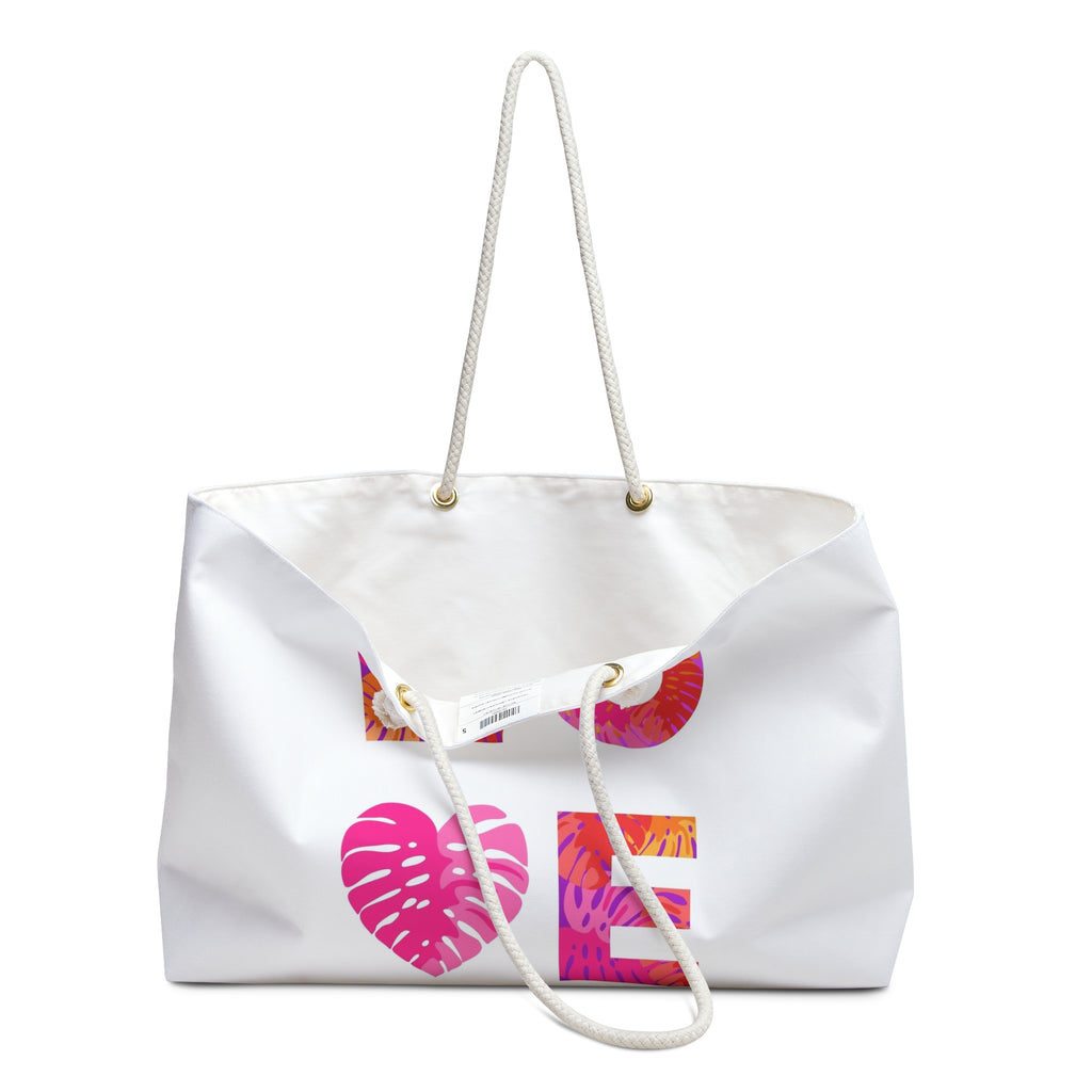 Tropical Love Typography Weekender Bag | Pink Palm Heart Travel Tote