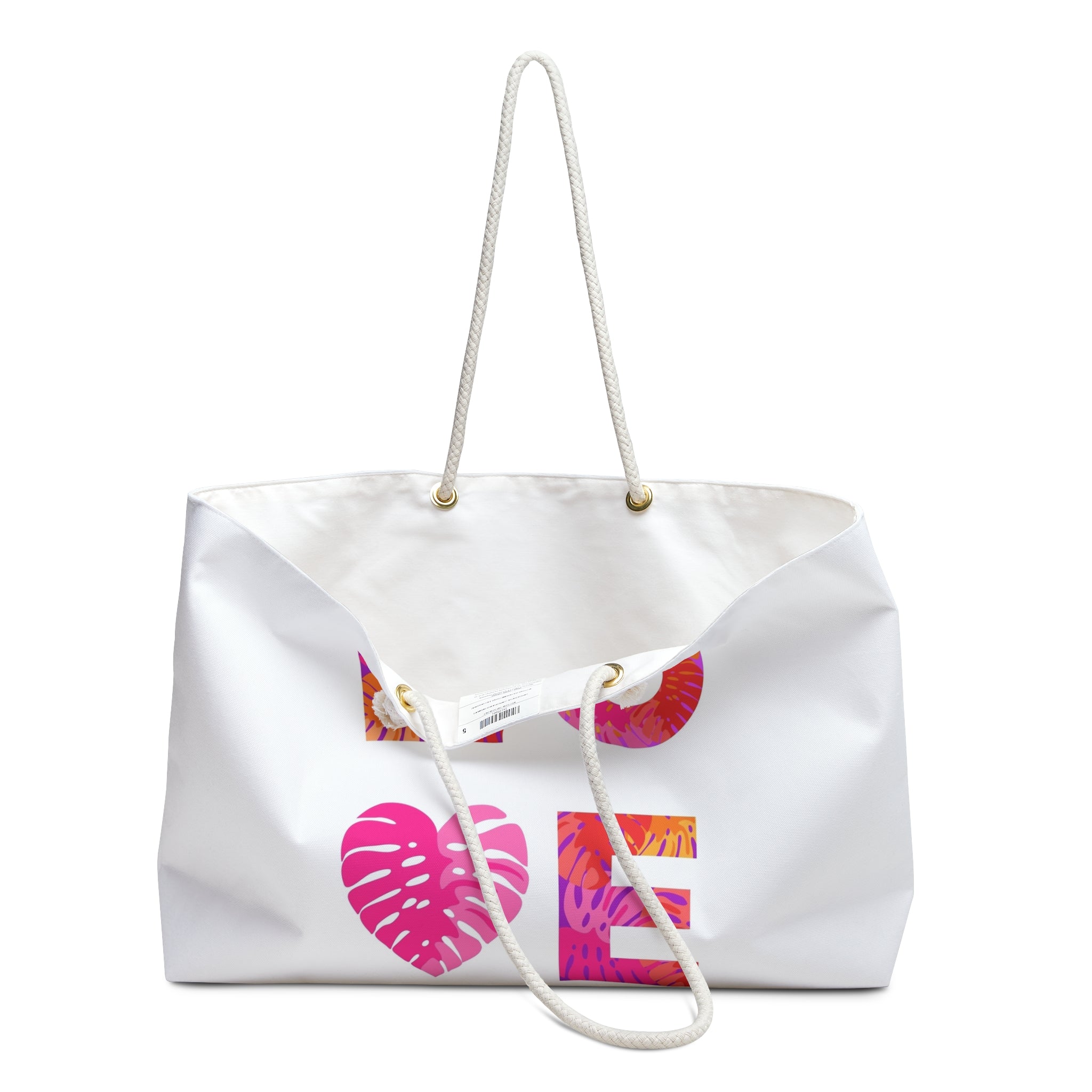 Tropical Love Typography Weekender Bag | Pink Palm Heart Travel Tote