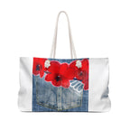 Red Lip Print Denim Pocket Weekender Bag | Floral Accent Weekend Tote