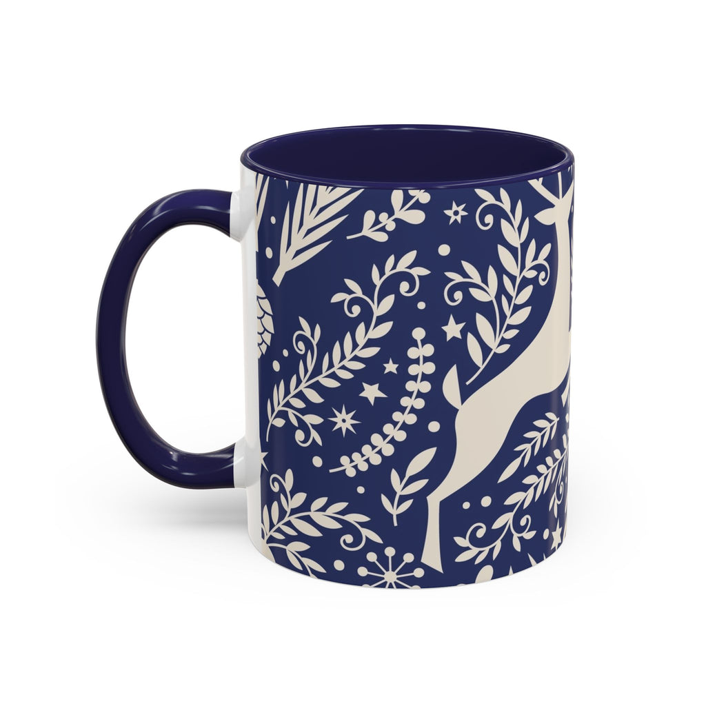 Nordic Reindeer Pattern Accent Coffee Mug — Blue Holiday Tea Cup (11/15oz)