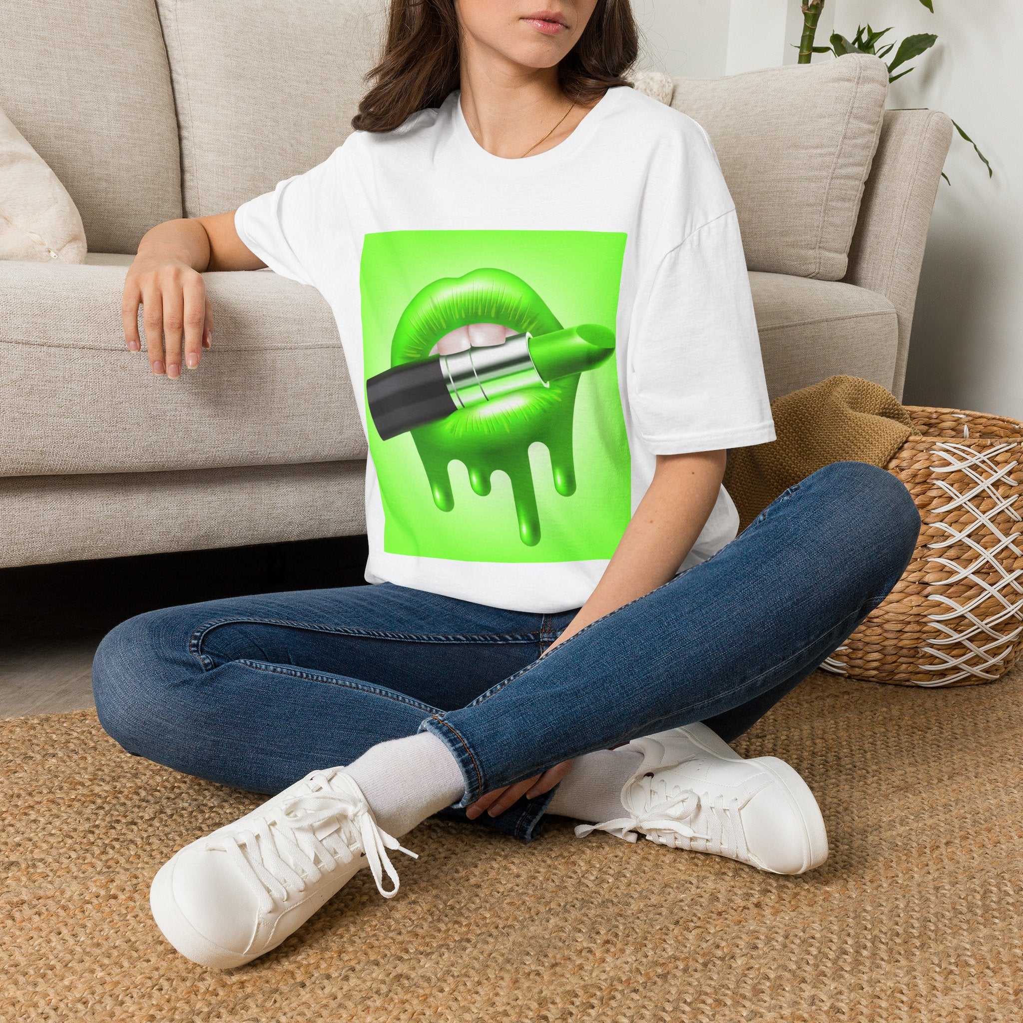 Neon Green Lipstick Graphic T-Shirt — Dripping Lip Art Tee