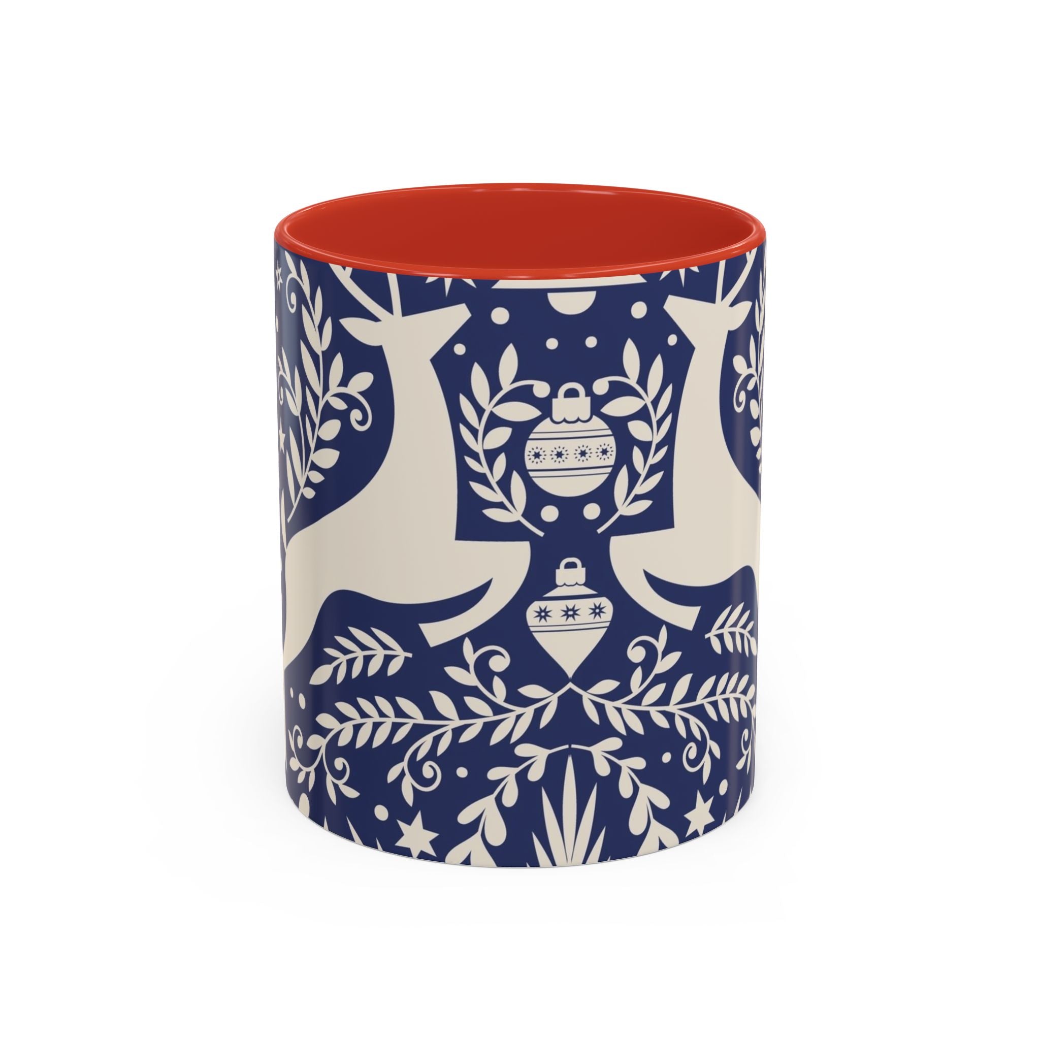 Nordic Reindeer Pattern Accent Coffee Mug — Blue Holiday Tea Cup (11/15oz)