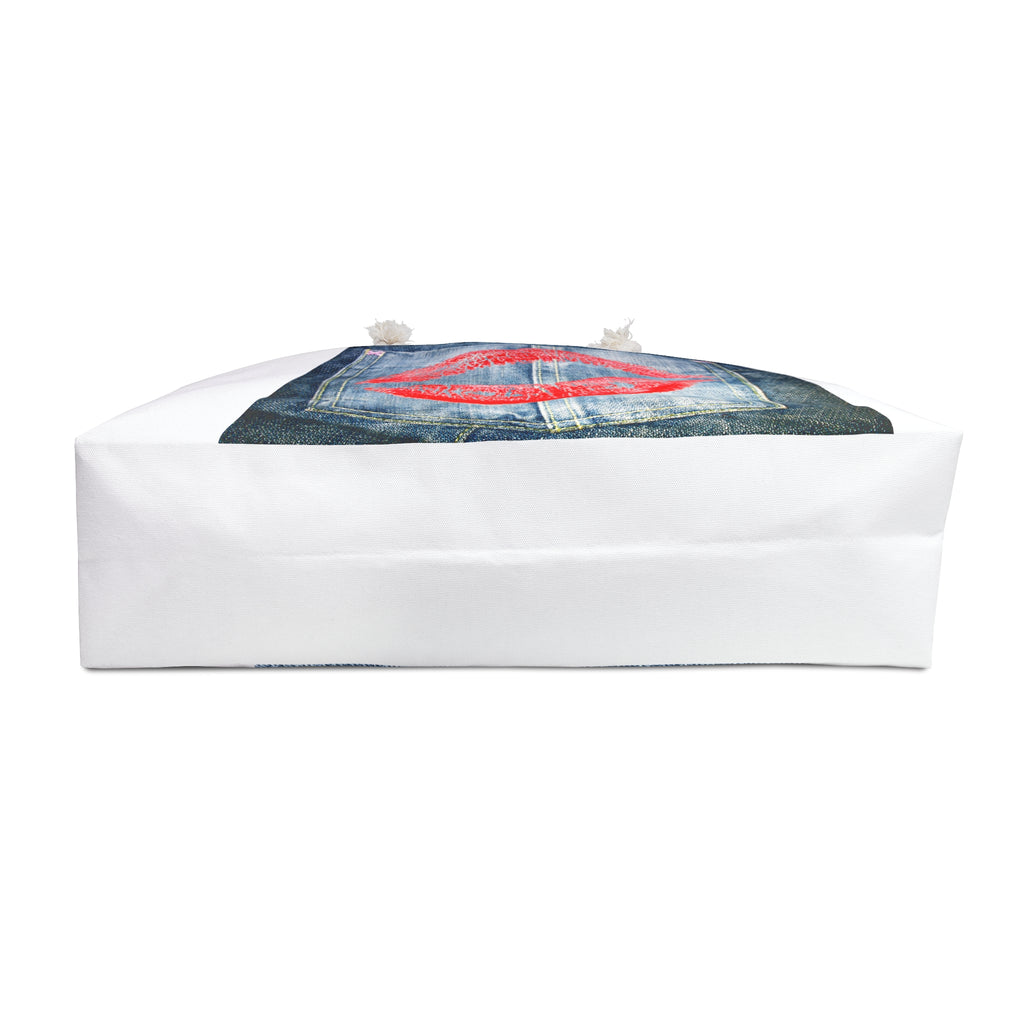 Red Lip Print Denim Pocket Weekender Bag | Floral Accent Weekend Tote
