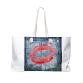 Red Lip Print Denim Pocket Weekender Bag | Floral Accent Weekend Tote