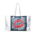 Red Lip Print Denim Pocket Weekender Bag | Floral Accent Weekend Tote