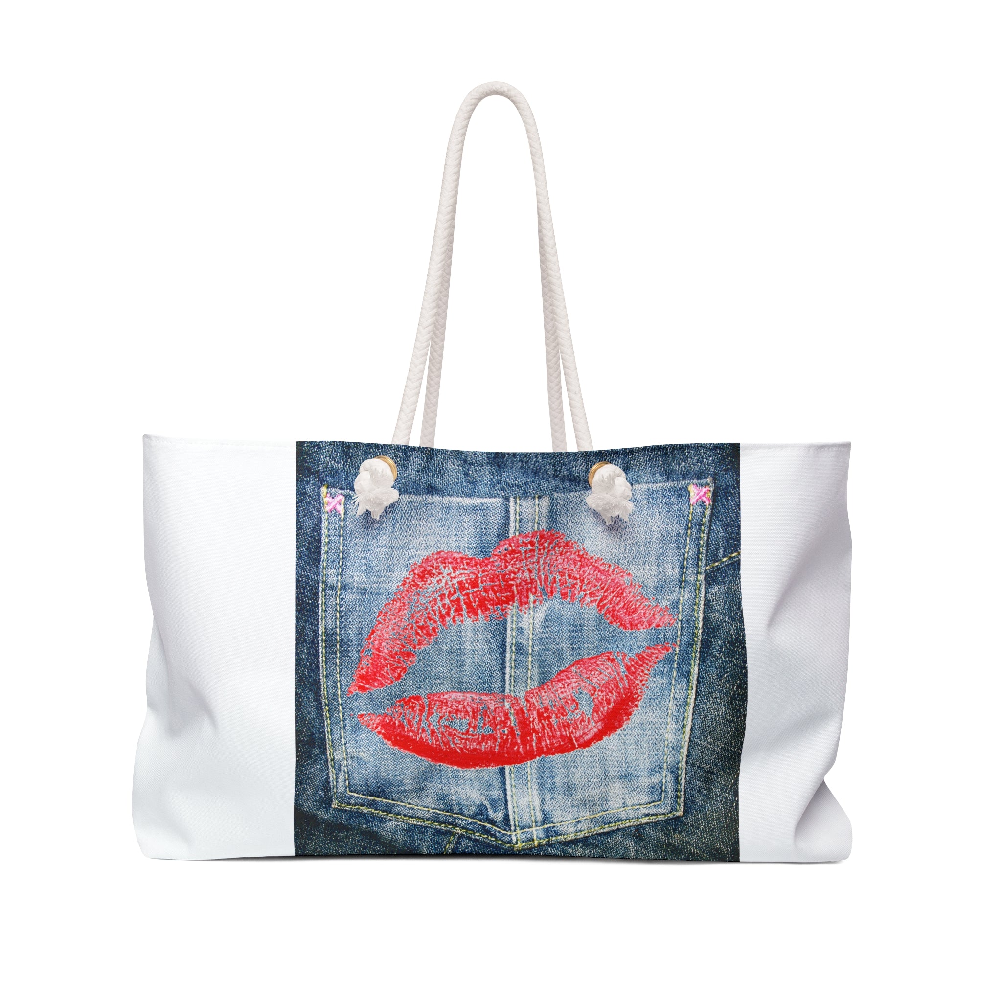 Red Lip Print Denim Pocket Weekender Bag | Floral Accent Weekend Tote
