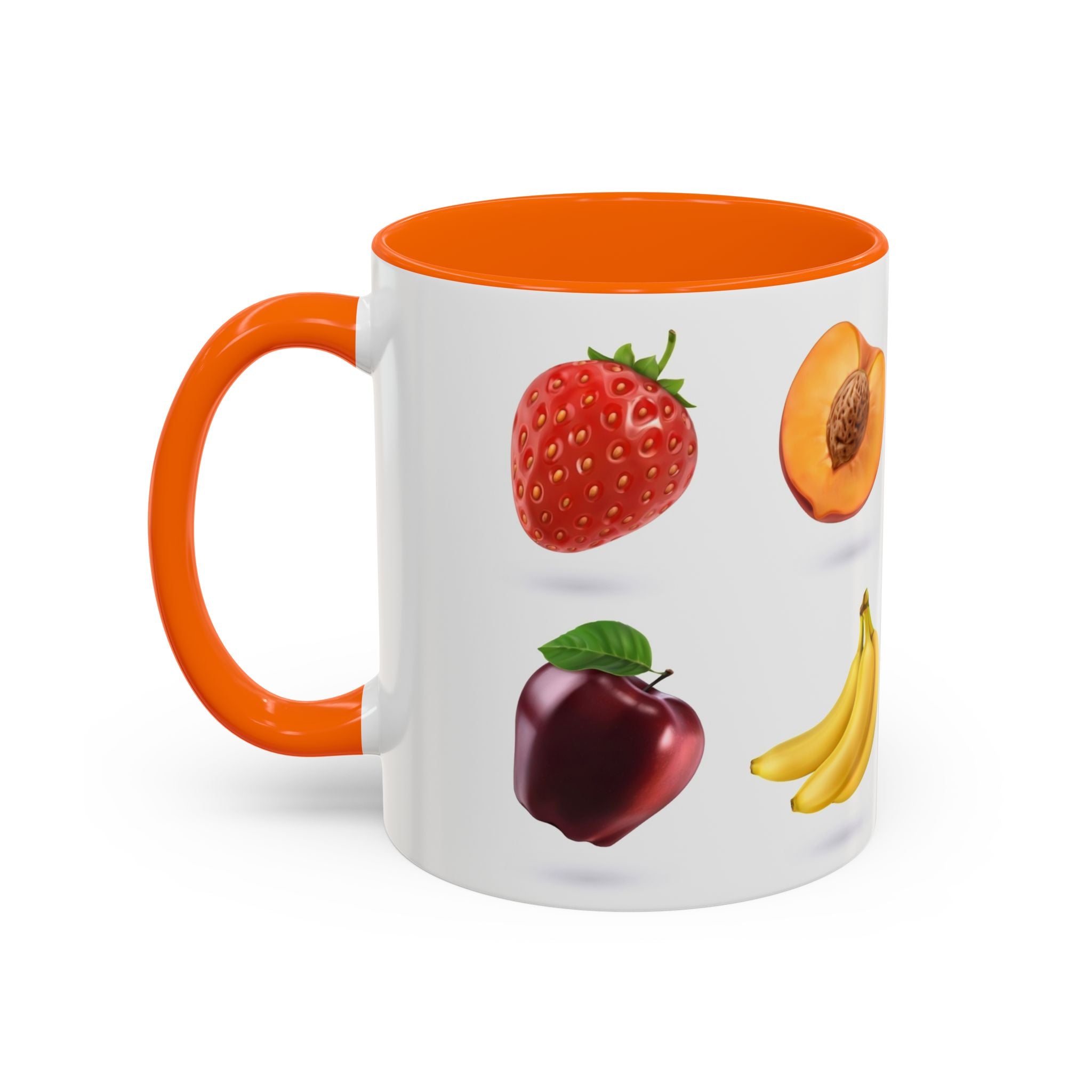 Fruit Pattern Accent Coffee Mug — Colorful Tropical Fruit Icons (11/15oz)