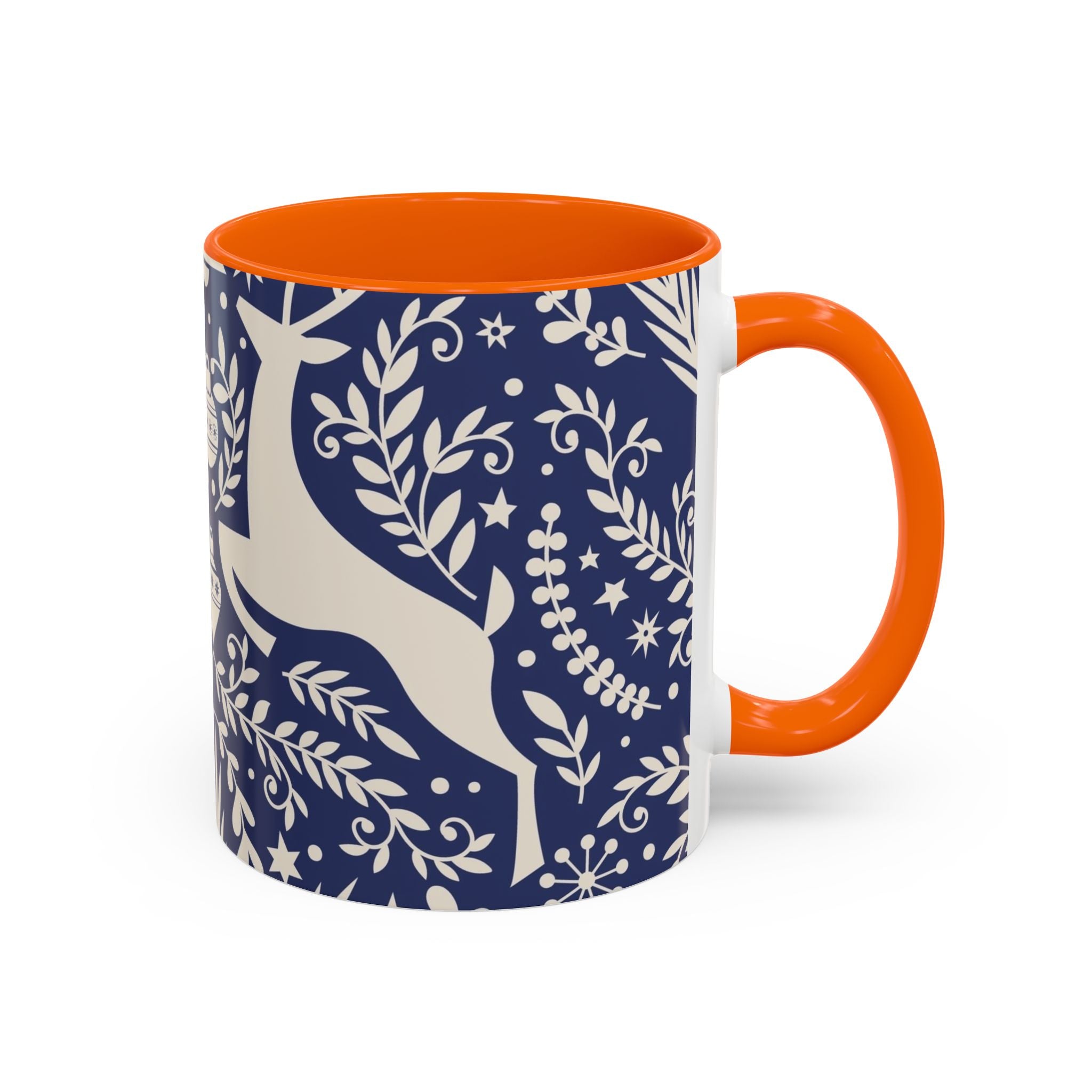 Nordic Reindeer Pattern Accent Coffee Mug — Blue Holiday Tea Cup (11/15oz)