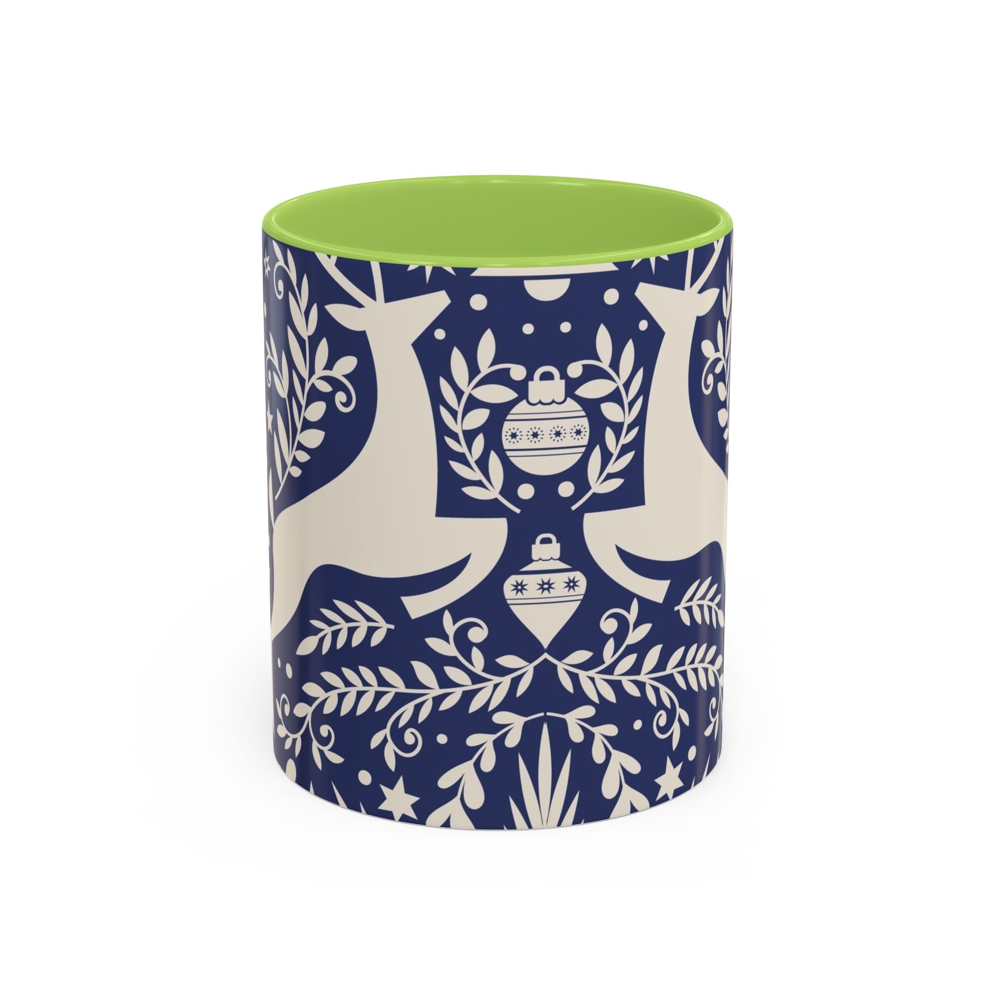 Nordic Reindeer Pattern Accent Coffee Mug — Blue Holiday Tea Cup (11/15oz)