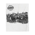Cityscape Velveteen Plush Blanket - Vintage Skyline Illustration with 'Soups' Emblem