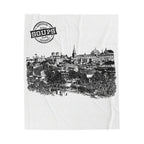 Cityscape Velveteen Plush Blanket - Vintage Skyline Illustration with 'Soups' Emblem
