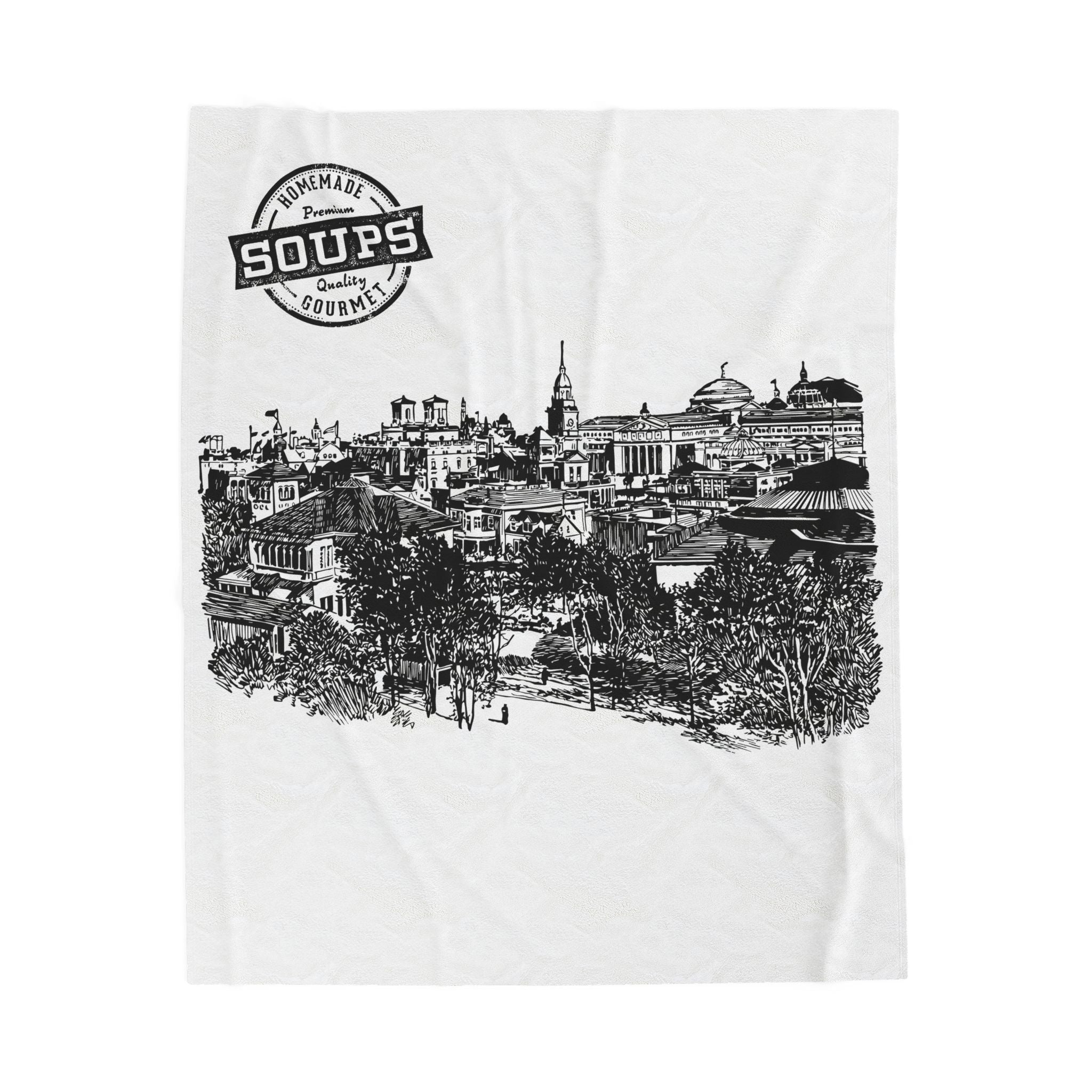 Cityscape Velveteen Plush Blanket - Vintage Skyline Illustration with 'Soups' Emblem