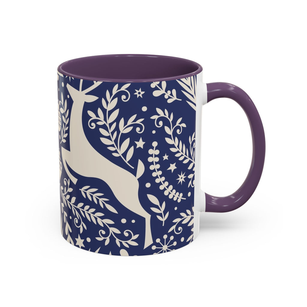 Nordic Reindeer Pattern Accent Coffee Mug — Blue Holiday Tea Cup (11/15oz)