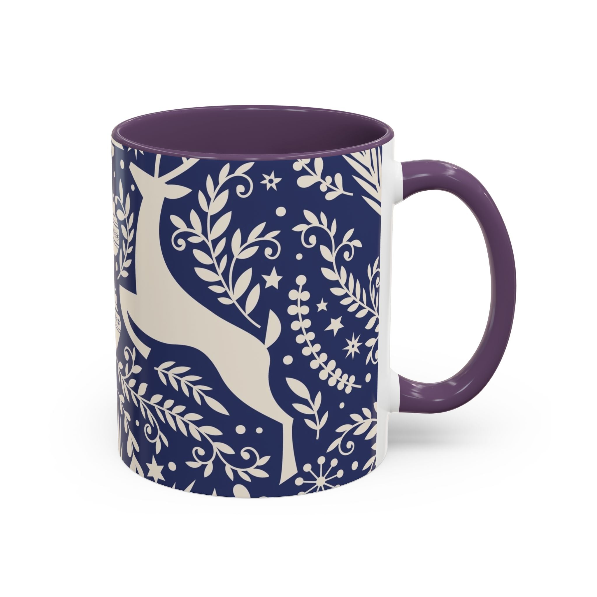 Nordic Reindeer Pattern Accent Coffee Mug — Blue Holiday Tea Cup (11/15oz)