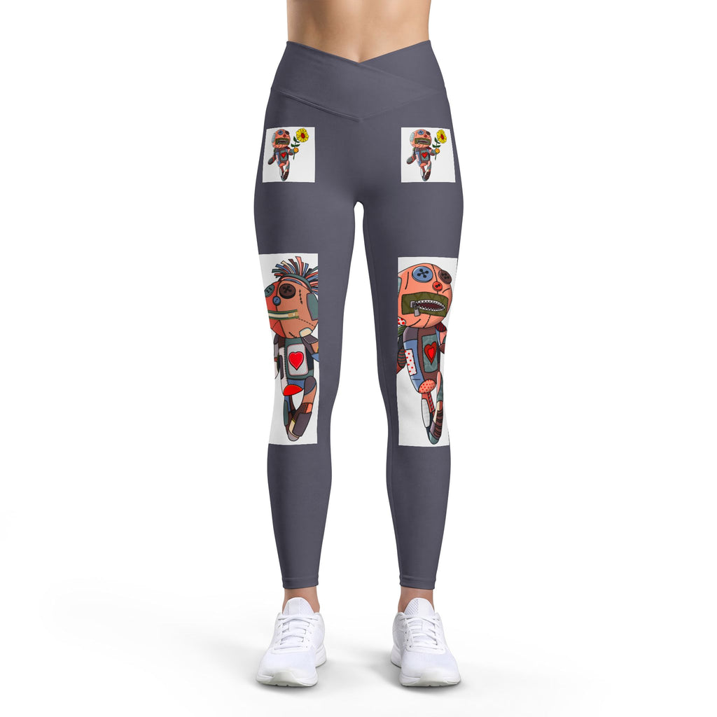 Robot Heart Graphic Leggings — Playful Cartoon Character Yoga Pants for Women