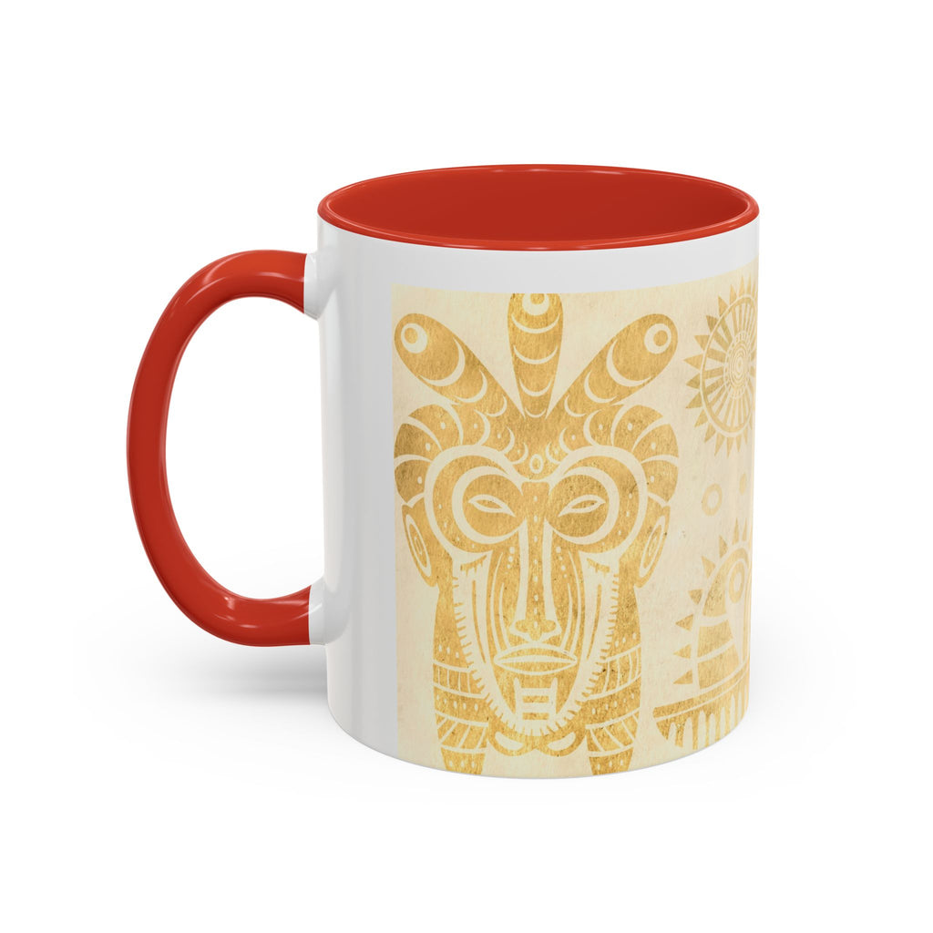 Golden Folk Art Coffee Mug — Animal Mask Pattern Accent Mug (11/15oz)