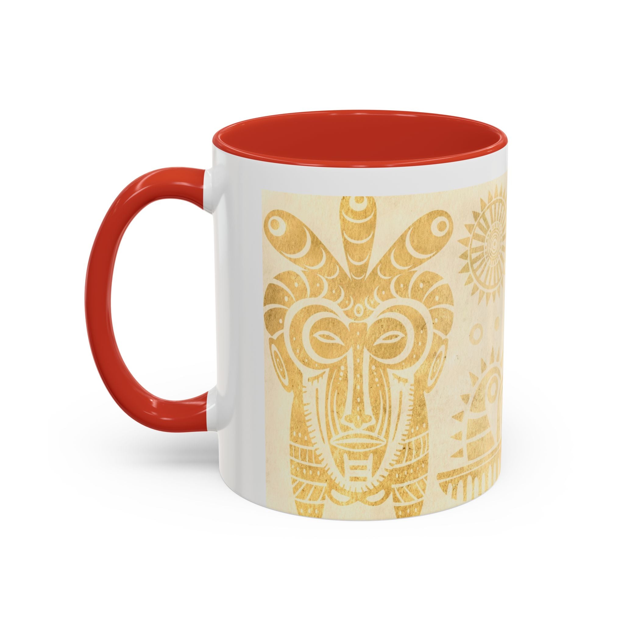 Golden Folk Art Coffee Mug — Animal Mask Pattern Accent Mug (11/15oz)