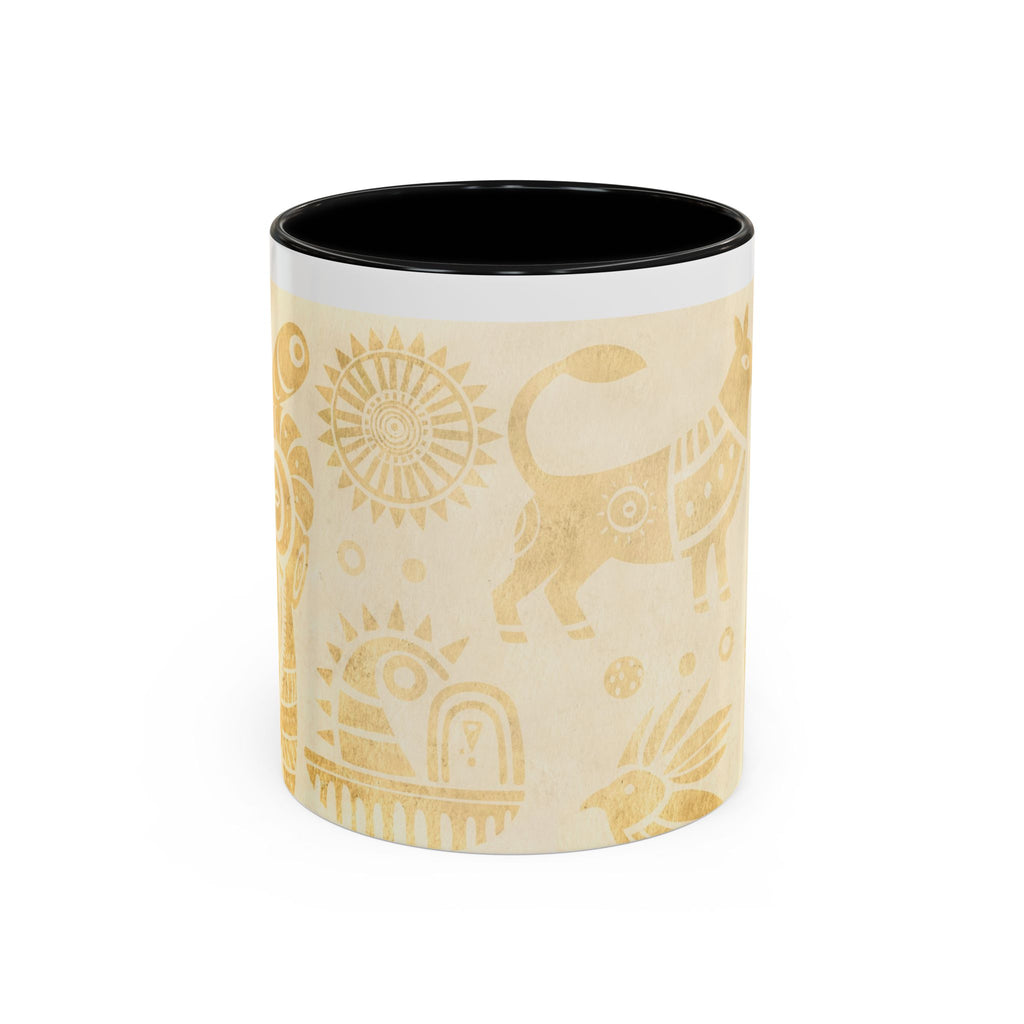 Golden Folk Art Coffee Mug — Animal Mask Pattern Accent Mug (11/15oz)