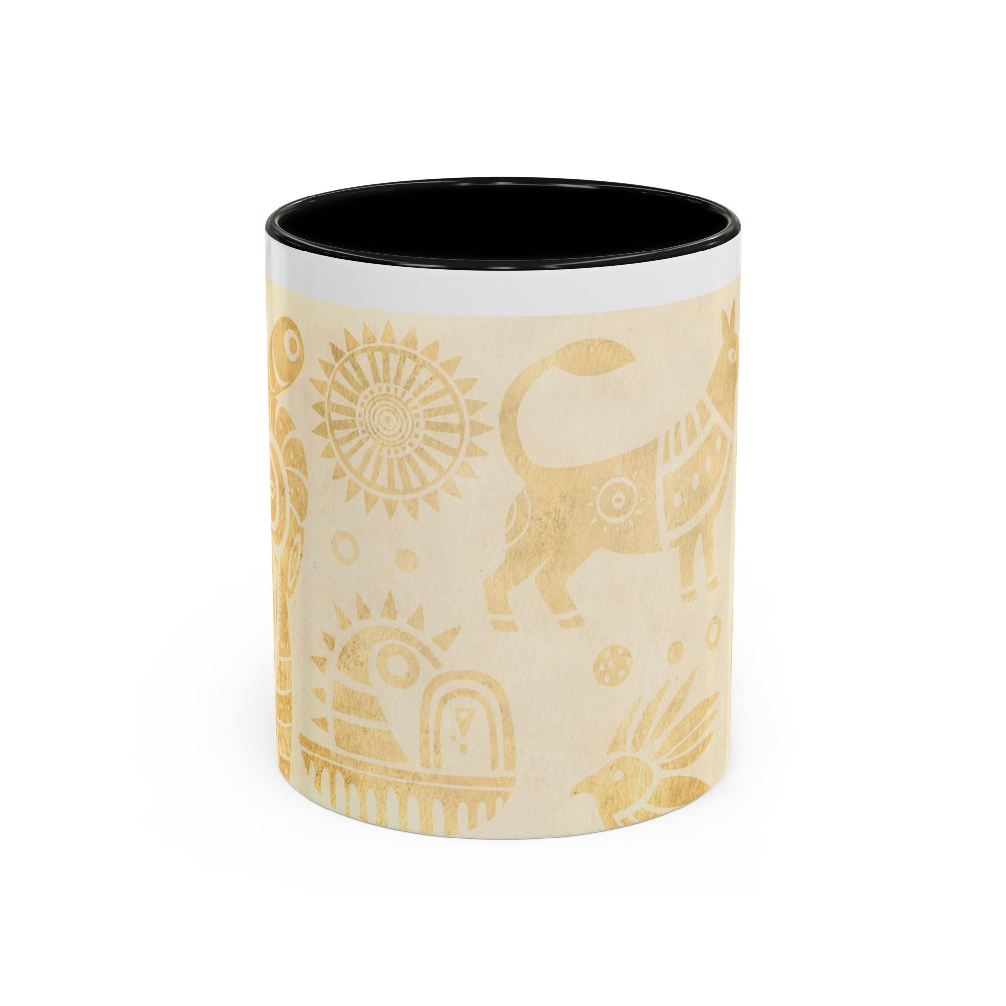 Golden Folk Art Coffee Mug — Animal Mask Pattern Accent Mug (11/15oz)