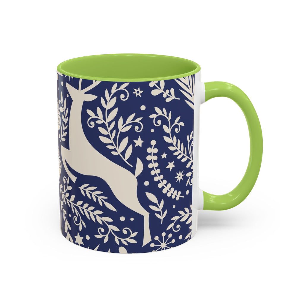 Nordic Reindeer Pattern Accent Coffee Mug — Blue Holiday Tea Cup (11/15oz)