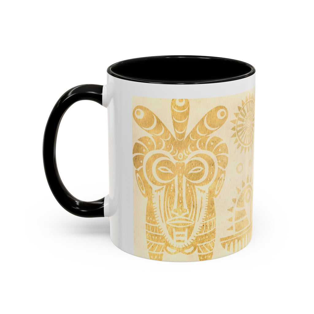Golden Folk Art Coffee Mug — Animal Mask Pattern Accent Mug (11/15oz)