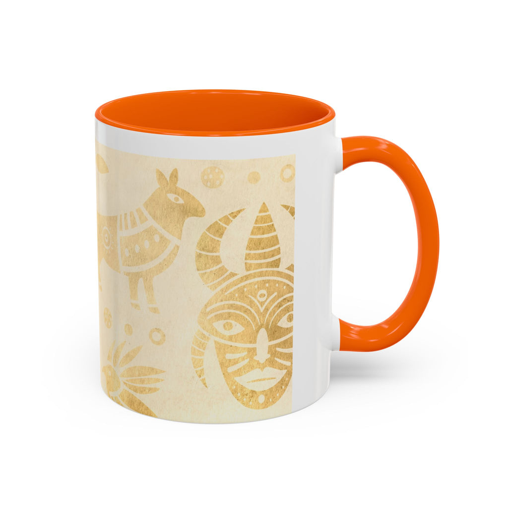 Golden Folk Art Coffee Mug — Animal Mask Pattern Accent Mug (11/15oz)