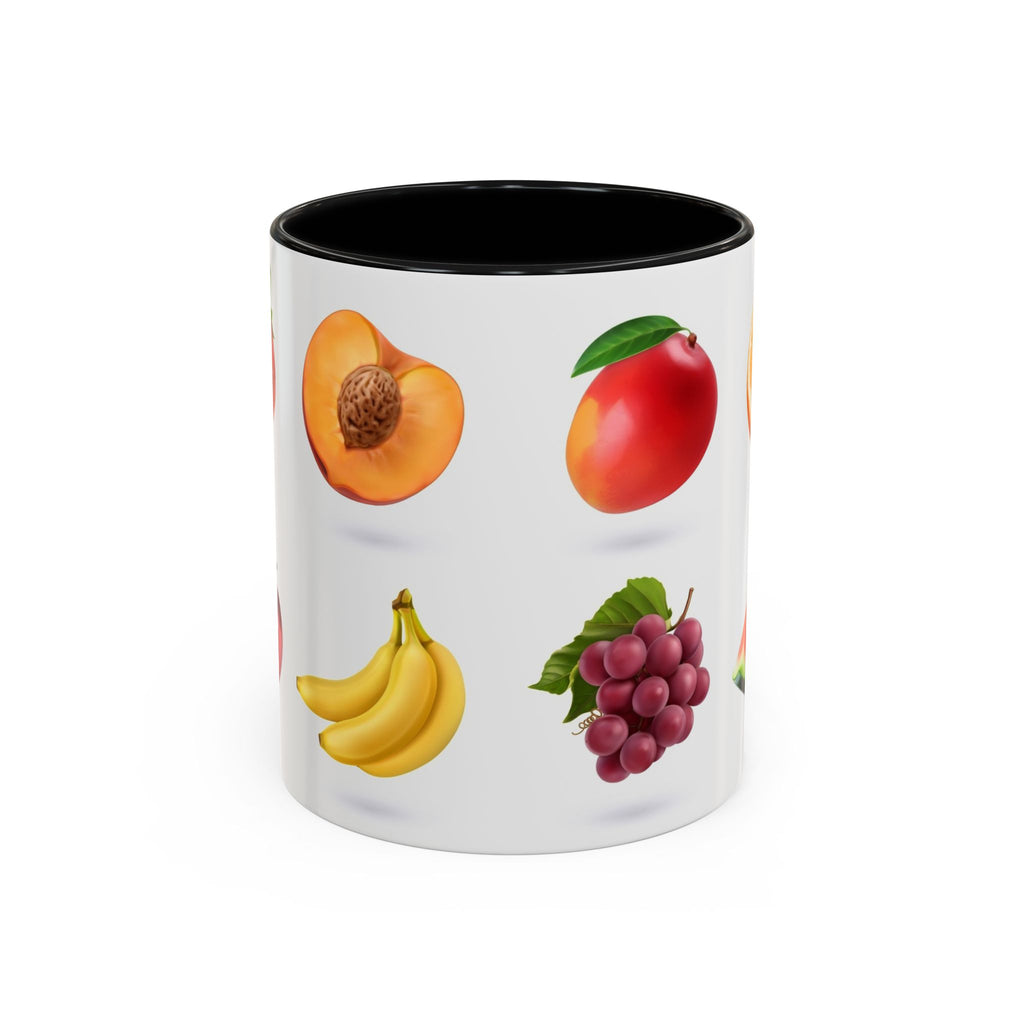 Fruit Pattern Accent Coffee Mug — Colorful Tropical Fruit Icons (11/15oz)