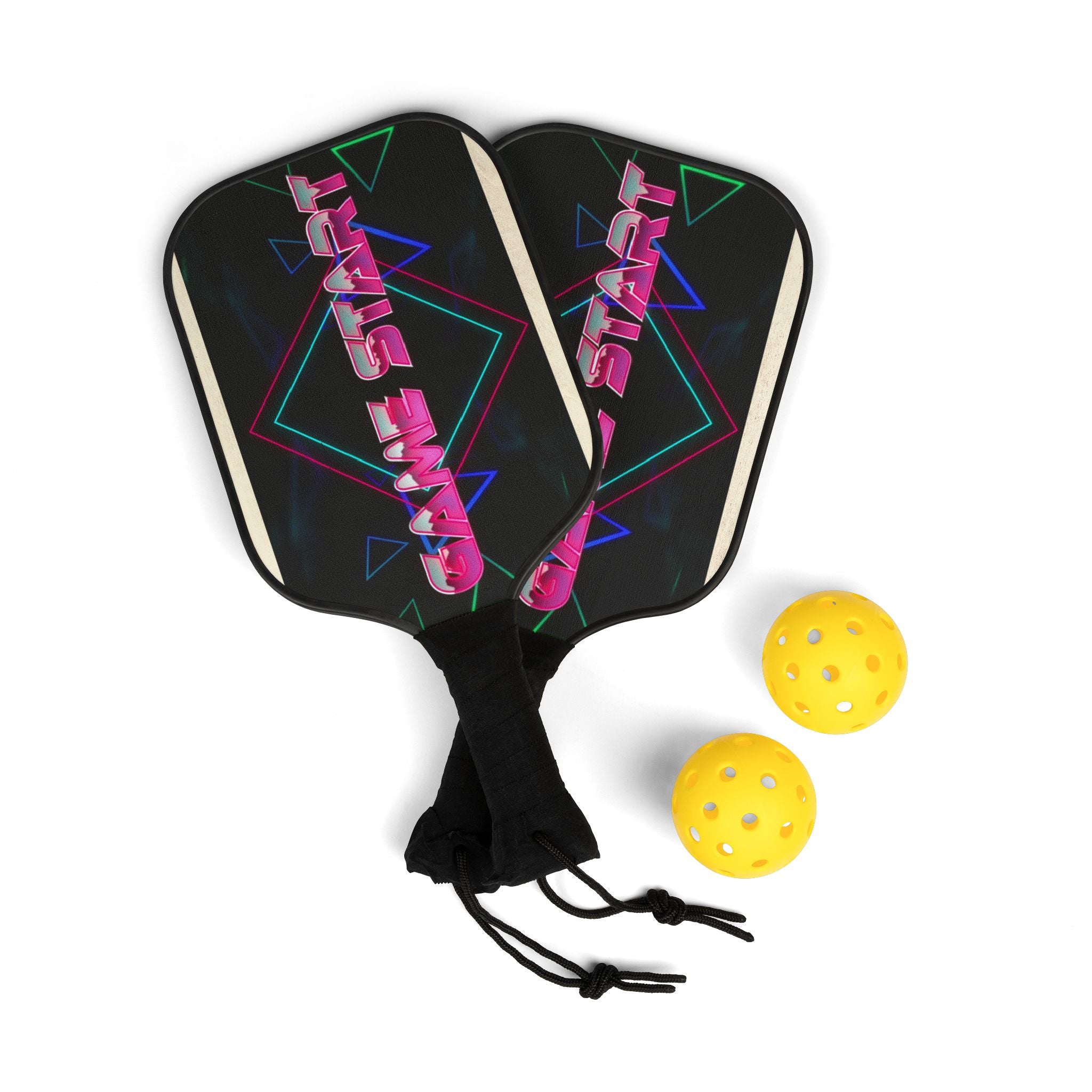 Pickleball Paddle Set — Retro Neon "Game Start" Design with 2 Balls